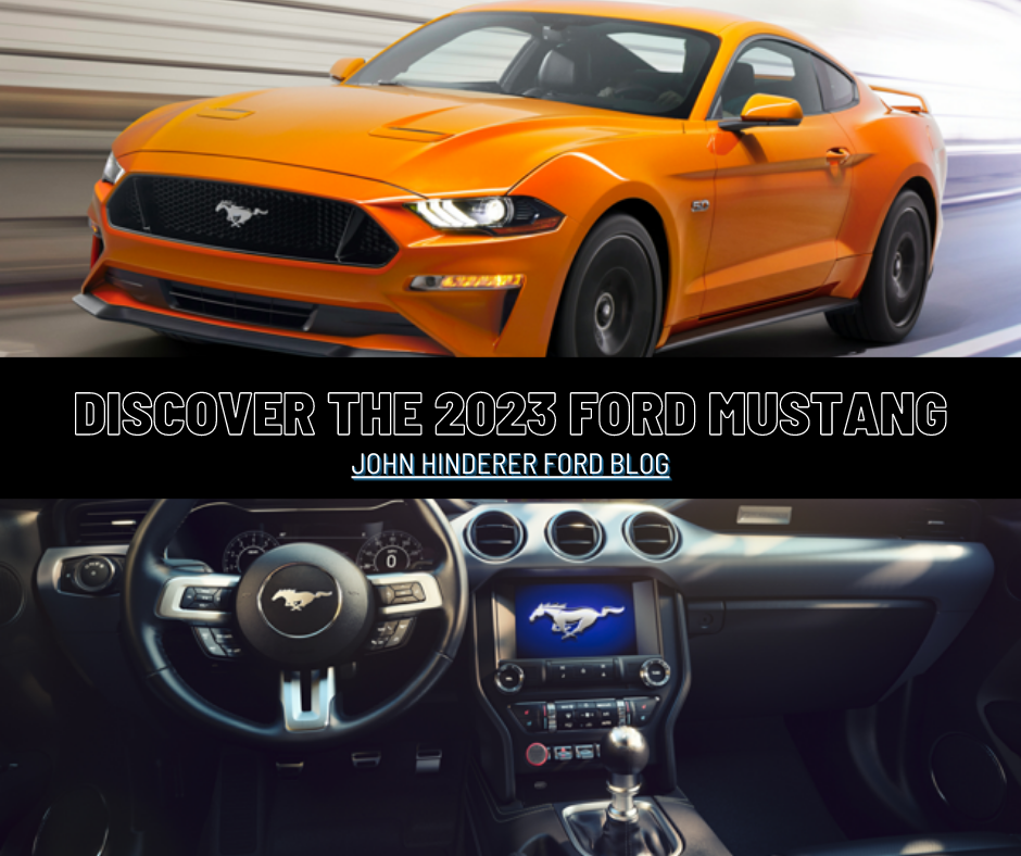 Two photos of the 2023 Ford Mustang with the text: Discover the 2023 Ford Mustang