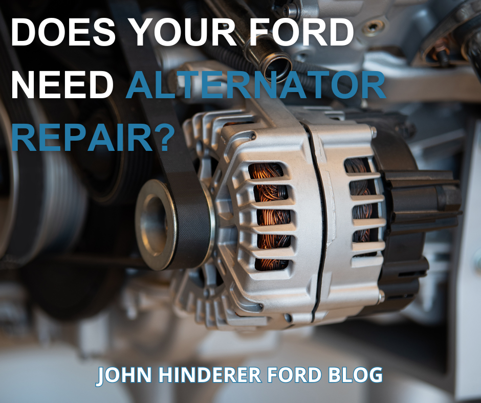 A photo of an alternator and the text: Does Your Ford Need an Alternator Repair - John Hinderer Ford Blog