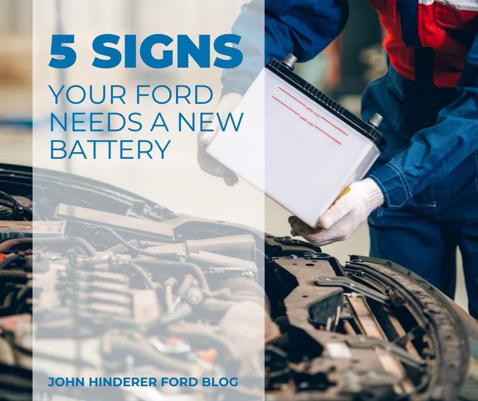 A photo of someone installing a car battery and the text: 5 signs your Ford needs a new battery