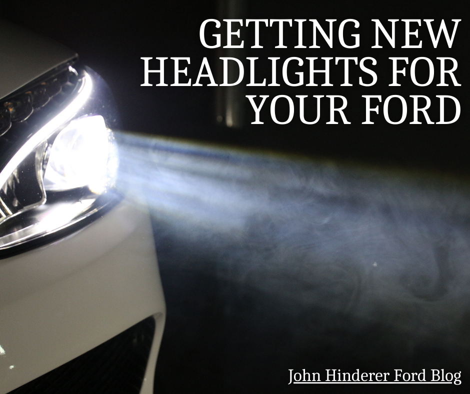 A photo of headlights in dark and the text: Getting New Headlights for Your Ford - John Hinderer Ford Blog