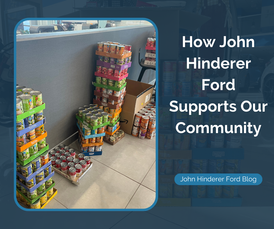 A photo of cans collected for a food drive and the text: How John Hinderer Ford Supports Our Community
