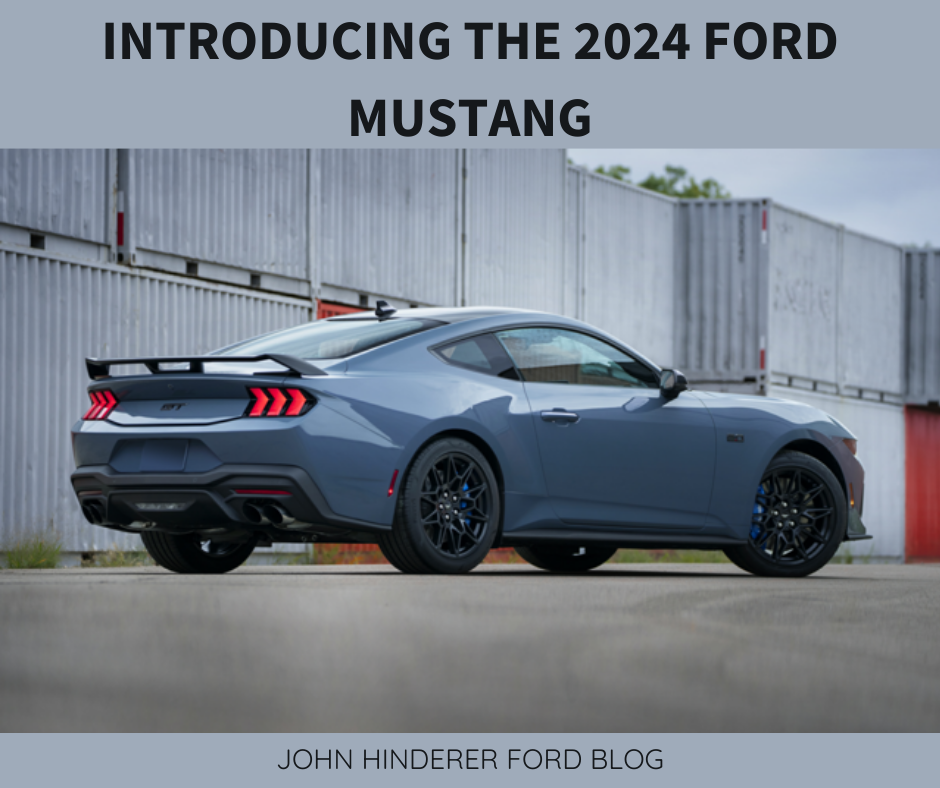A photo of a blue 2024 Ford Mustang and the text: Introducing the 2024 Ford Mustang